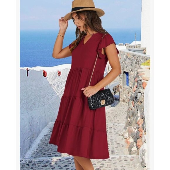 Anrabess Womens Flowy Tiered Boho Red Dress Casual & Comfortable Size Small - Picture 3 of 12